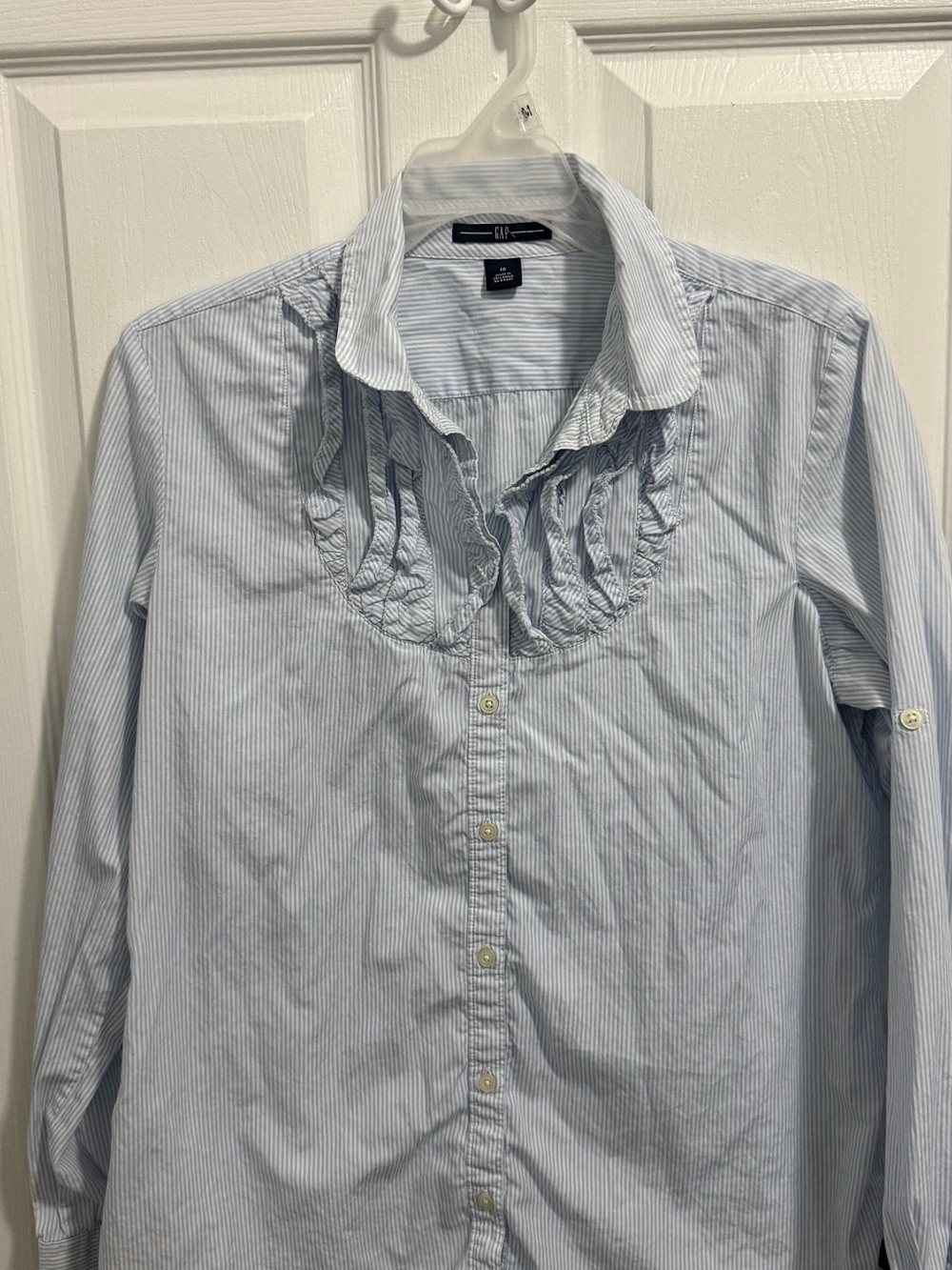 GAP Blue and White Pinstripe Ruffle Front Button-Up Shirt